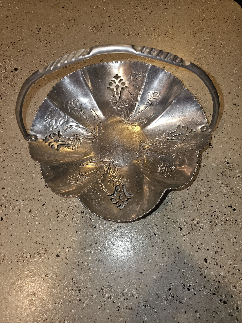 Source Unknown Silver Floral Embossed Metal Basket with Arched Handle